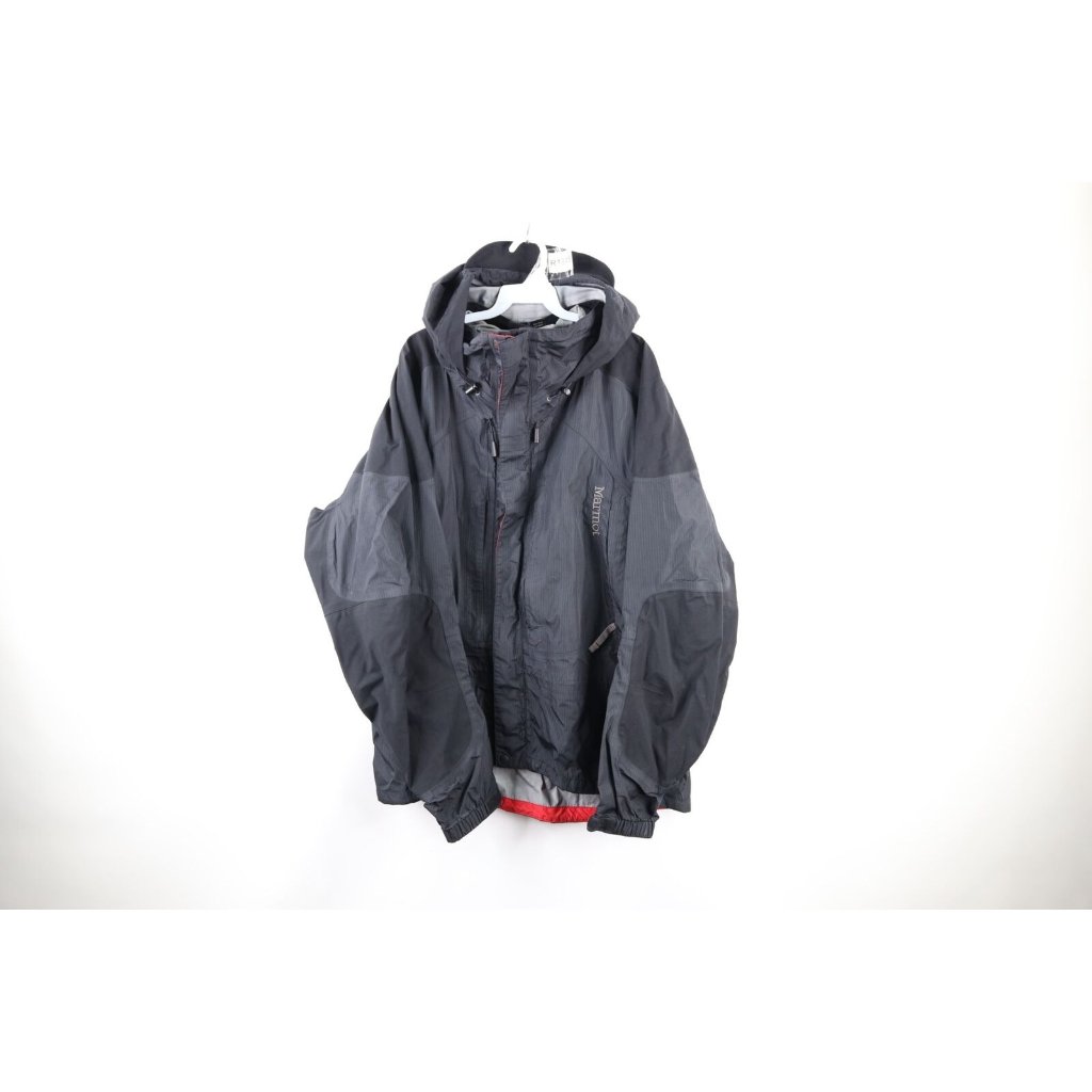Vintage Marmot Mens Xl Spell Out Waterproof Hooded Parka Rain Jacket Coat Black
